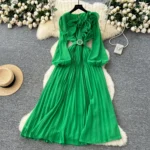 Three-dimensional lace lantern sleeve strap waist slimming pleated dress - Image 2