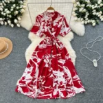 French retro design, tie-waist, short-sleeved printed dress - Image 3