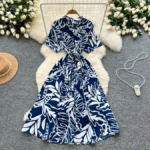 French retro design, tie-waist, short-sleeved printed dress