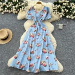 French design square neck strap waist puff sleeve printed dress - Image 3