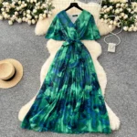 V-neck trumpet sleeves slimming temperament printed chiffon dress - Image 2