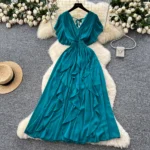V-neck small flying sleeves waist chiffon dress