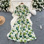 French retro design, tie-waist, short-sleeved printed dress - Image 2