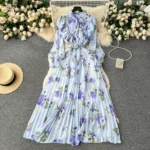 Pleated Long Printed Chiffon Dress, Sweet Vacation Dress
