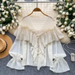 Ruffled trim, bell sleeves, chiffon blouse, loose fit. - Image 5