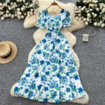 French design square neck strap waist puff sleeve printed dress