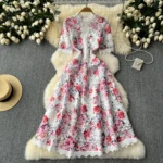 French retro elegant lace splicing printed waist-cinching elegant dress - Image 2