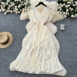 V-neck small flying sleeves waist chiffon dress - Image 4