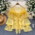 Ruffled trim, bell sleeves, chiffon blouse, loose fit. - Image 4