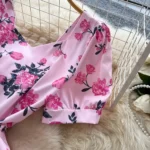 French design square neck strap waist puff sleeve printed dress - Image 11