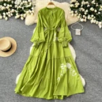 Tie-waist, single-breasted, slimming, elegant long dress with rose embroidery. - Image 2