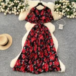 V-neck trumpet sleeves slimming temperament printed chiffon dress - Image 5