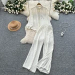 Lazy Style Casual Two-Piece Set for Women: Loose Fit, Versatile Pocket Design, Long-Sleeved Shirt, High-Waisted Wide-Leg Straight-Leg Pants - Image 2