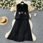 Three-dimensional lace lantern sleeve strap waist slimming pleated dress - Image 5