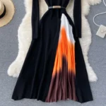 French Hepburn style elegant knitted patchwork gradient pleated slim waist full skirt dress - Image 5