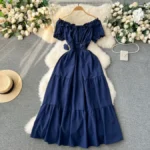 French-style dress, elegant and gentle, off-the-shoulder, puff sleeves, waist-cinching, slimming, fairy-like, sweet vacation dress - Image 6