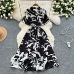 French retro design, tie-waist, short-sleeved printed dress - Image 6