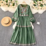 Bohemian vintage heavy embroidery tassel tie round neck plus size women's ethnic style vacation dress - Image 2