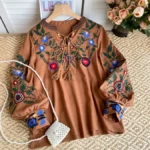 Bohemian retro ethnic style shirt for women, loose fit, slimming, versatile, heavily embroidered, stylish and fashionable top - Image 3
