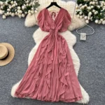 V-neck small flying sleeves waist chiffon dress - Image 7