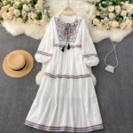 Bohemian vintage heavy embroidery tassel tie round neck plus size women's ethnic style vacation dress - Image 4