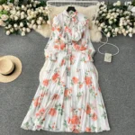 Pleated Long Printed Chiffon Dress, Sweet Vacation Dress - Image 2
