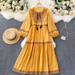 Bohemian vintage heavy embroidery tassel tie round neck plus size women's ethnic style vacation dress - Image 5