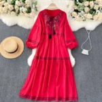 Bohemian vintage heavy embroidery tassel tie round neck plus size women's ethnic style vacation dress - Image 3