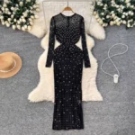 Heavy-duty see-through rhinestone mesh dress