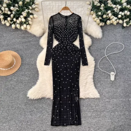 Heavy-duty see-through rhinestone mesh dress