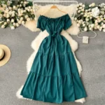 French-style dress, elegant and gentle, off-the-shoulder, puff sleeves, waist-cinching, slimming, fairy-like, sweet vacation dress - Image 9