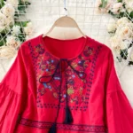 Bohemian vintage heavy embroidery tassel tie round neck plus size women's ethnic style vacation dress - Image 9
