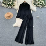 Lazy Style Casual Two-Piece Set for Women: Loose Fit, Versatile Pocket Design, Long-Sleeved Shirt, High-Waisted Wide-Leg Straight-Leg Pants - Image 3