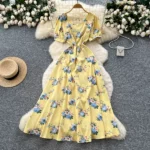 French design square neck strap waist puff sleeve printed dress - Image 5