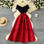 One-shoulder patchwork waist jacquard large swing puffy dress