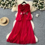 Three-dimensional lace lantern sleeve strap waist slimming pleated dress - Image 3