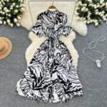 French retro design, tie-waist, short-sleeved printed dress - Image 4