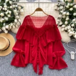 Ruffled trim, bell sleeves, chiffon blouse, loose fit. - Image 2