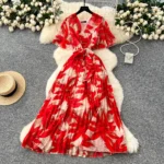 V-neck trumpet sleeves slimming temperament printed chiffon dress - Image 3
