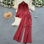 Lazy Style Casual Two-Piece Set for Women: Loose Fit, Versatile Pocket Design, Long-Sleeved Shirt, High-Waisted Wide-Leg Straight-Leg Pants