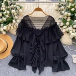 Ruffled trim, bell sleeves, chiffon blouse, loose fit. - Image 6