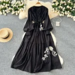 Tie-waist, single-breasted, slimming, elegant long dress with rose embroidery. - Image 4
