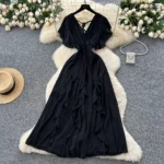V-neck small flying sleeves waist chiffon dress - Image 5
