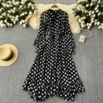 Flowy, high-end European and American style polka dot chiffon dress with a French tie-waist design - Image 4