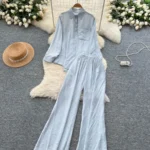 Lazy Style Casual Two-Piece Set for Women: Loose Fit, Versatile Pocket Design, Long-Sleeved Shirt, High-Waisted Wide-Leg Straight-Leg Pants - Image 5