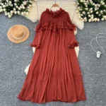 Autumn Fashionable and Elegant Women's Dress with French Design, Ruffled Trim, Loose Fit, Slimming Chiffon Long Dress - Image 4