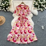 French retro design, tie-waist, short-sleeved printed dress - Image 7