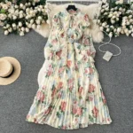 Pleated Long Printed Chiffon Dress, Sweet Vacation Dress - Image 3