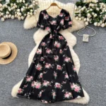 French design square neck strap waist puff sleeve printed dress - Image 9