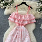 French scheming design one-shoulder strap ruffled patchwork waist dress - Image 6